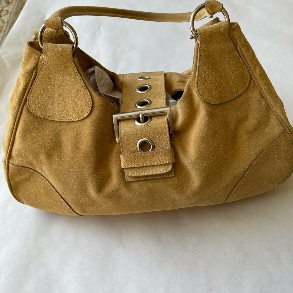Prada Shoulder Buckle Tan Suede Leather Hobo Bag